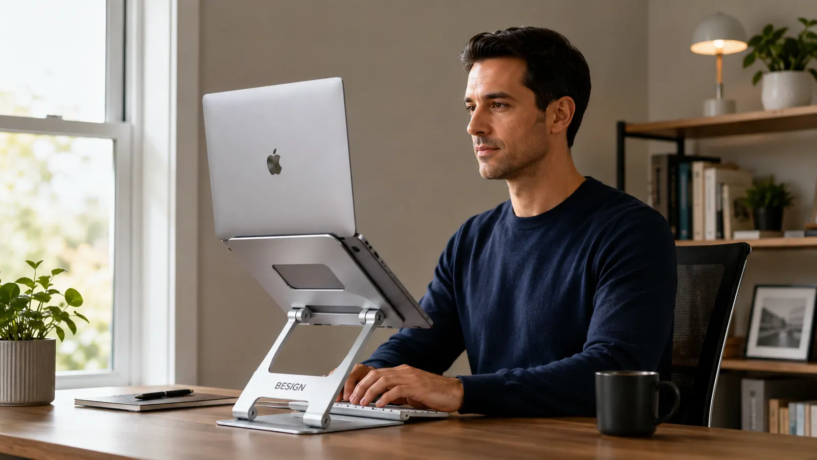 Close-up of the BESIGN LS03 aluminum laptop stand holding a laptop at eye level