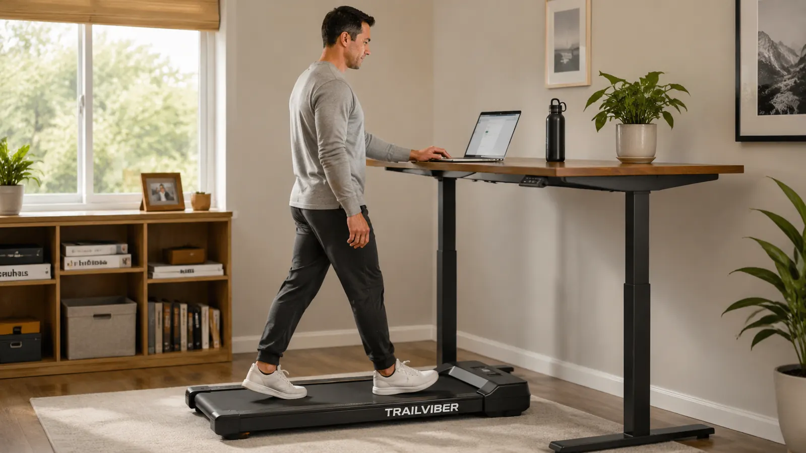 Close-up of the TRAILVIBER walking pad control panel showing speed and incline settings
