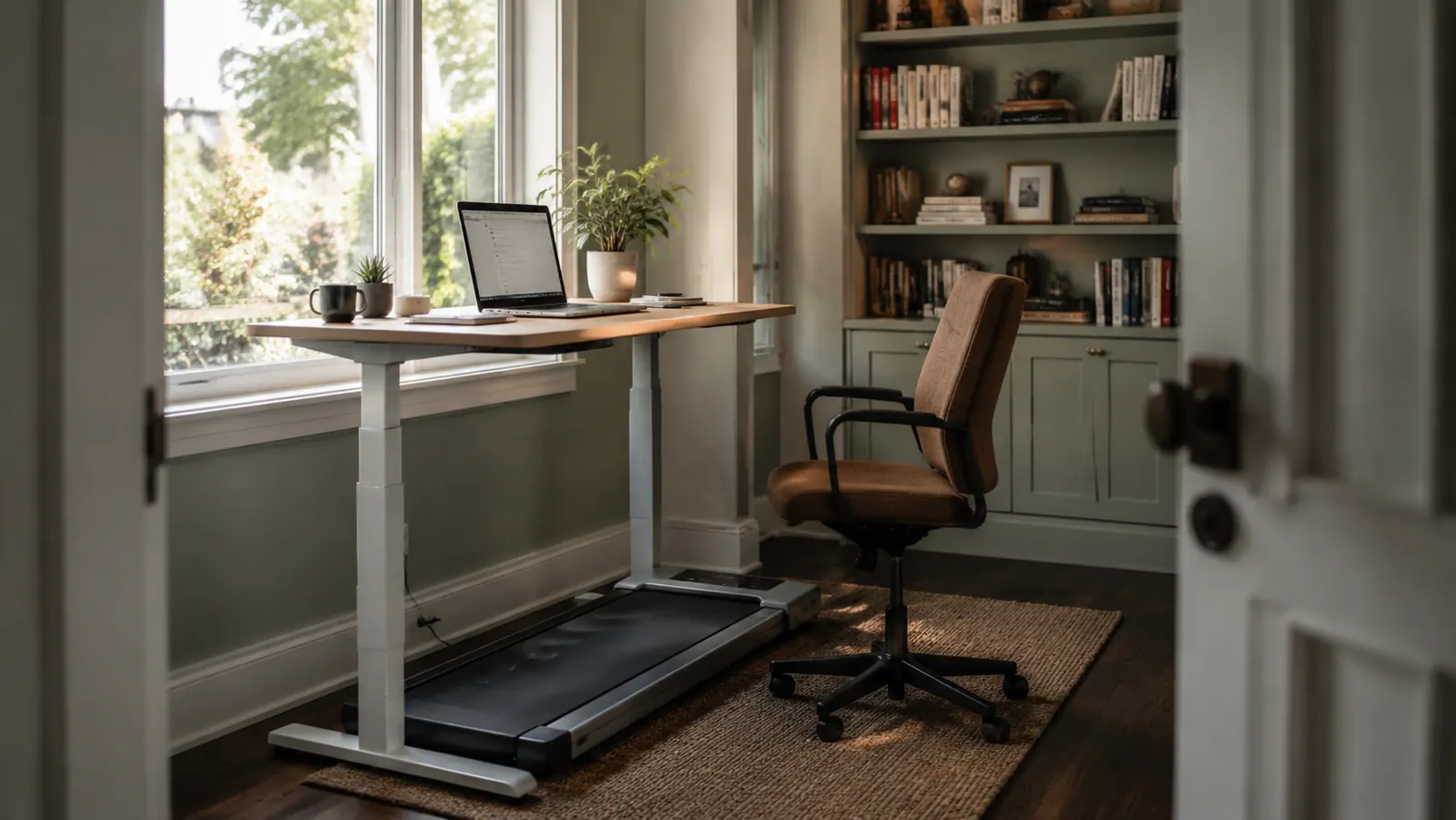 Home office desk setup with an under-desk treadmill tucked neatly underneath, cables managed, clean workspace