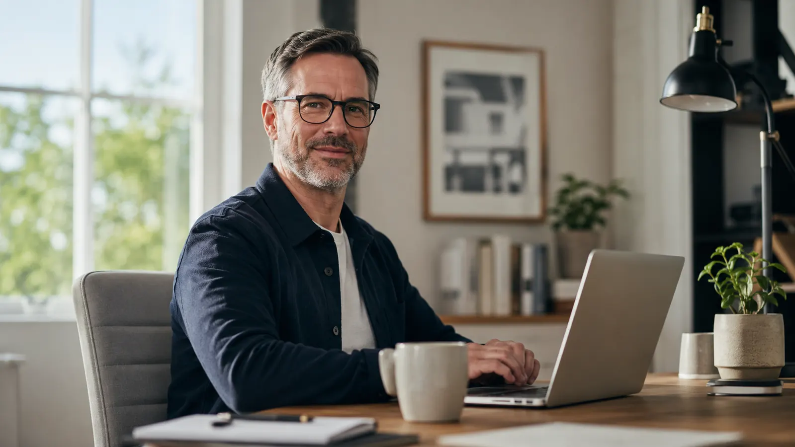 Person sitting comfortably at home office desk with good posture, memory foam cushion visible on their chair