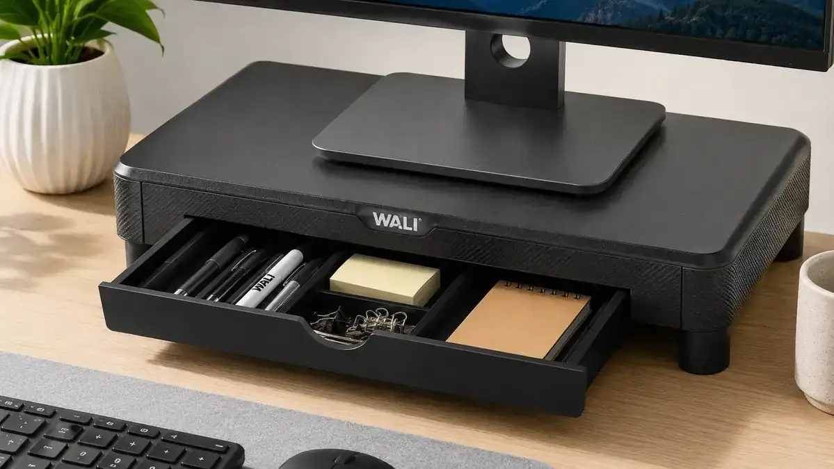 Open drawer of a monitor stand riser holding sticky notes, small cables, and a USB drive