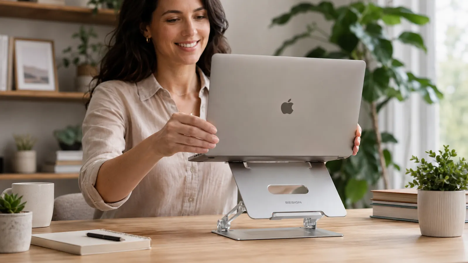 Hands pressing down on an aluminum laptop stand platform to show zero flex or wobble