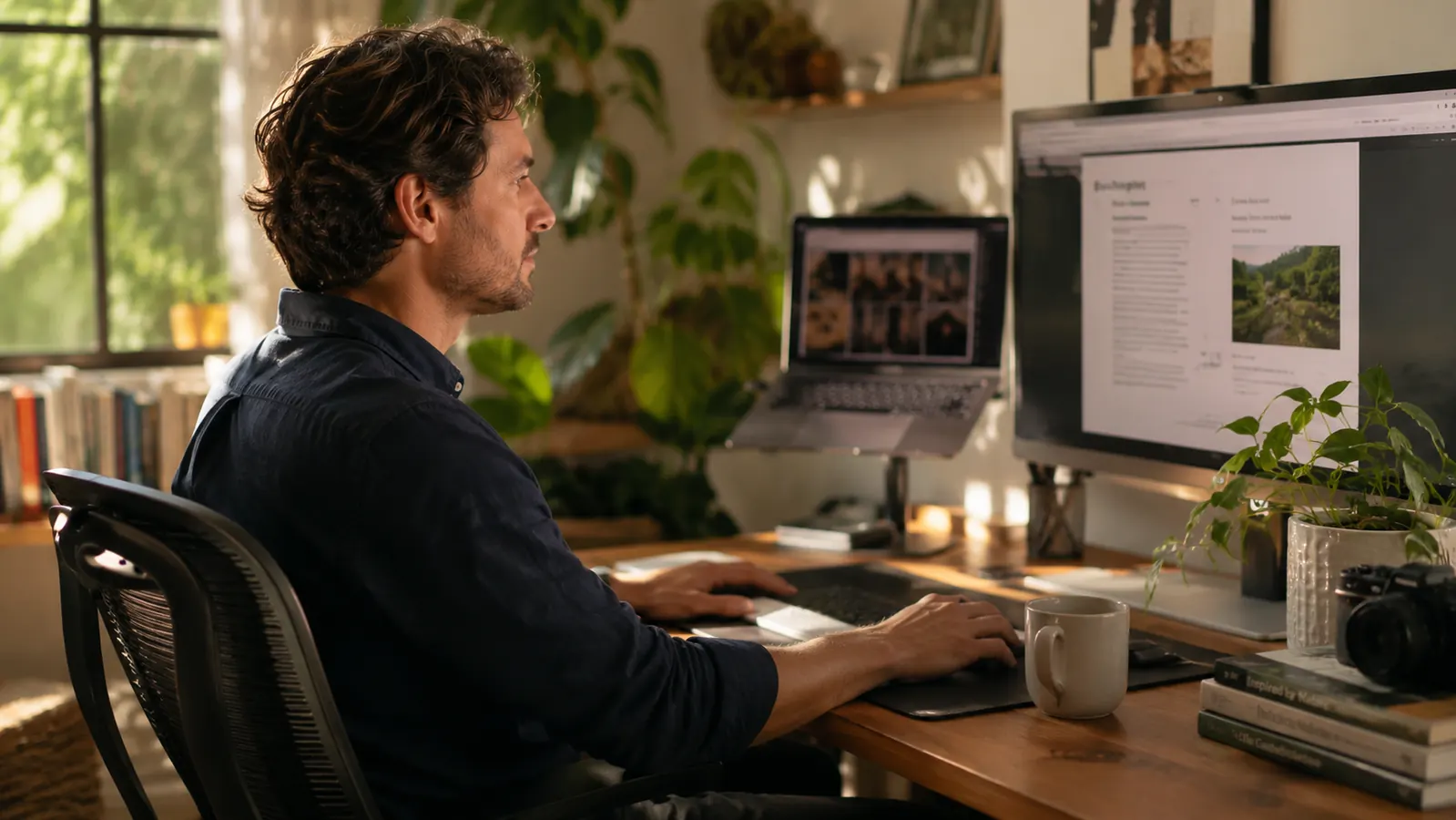 Person working at a home office desk with a laptop raised on a stand, external keyboard and mouse in use, good posture
