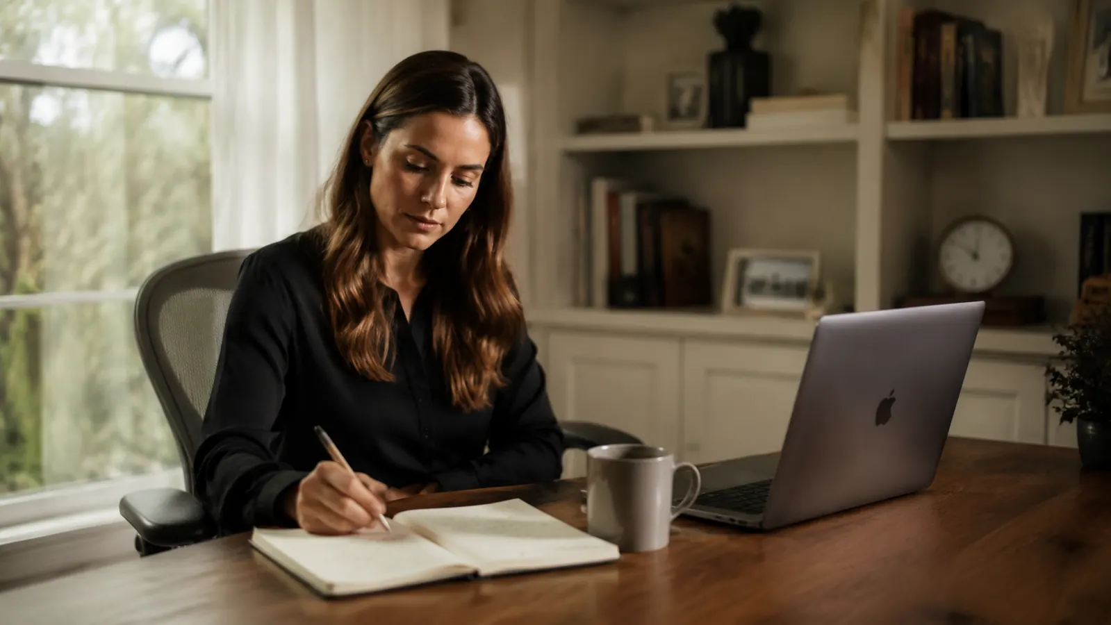 Person seated upright at a home office desk with seat cushion visible, relaxed posture and neutral spine