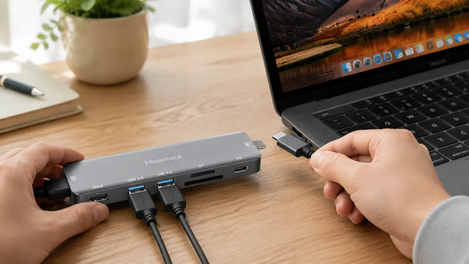 Hand plugging a USB-C hub into a laptop port, showing all seven ports filled with various cables