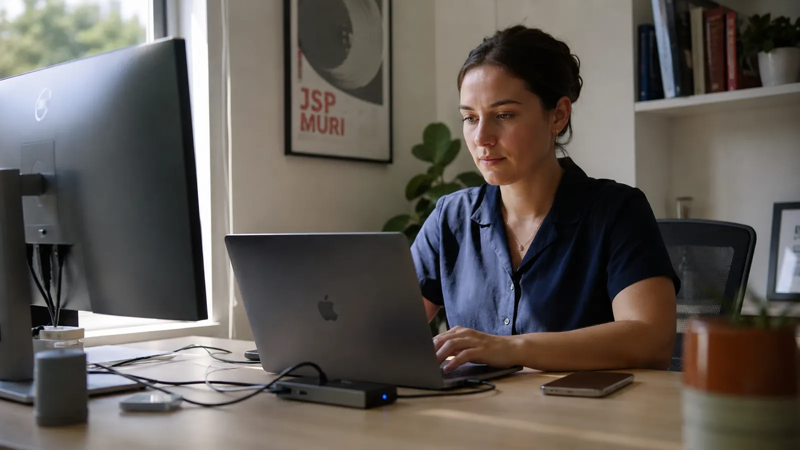 Laptop connected to an external monitor via the USB-C hub on a standing desk, person working in the background