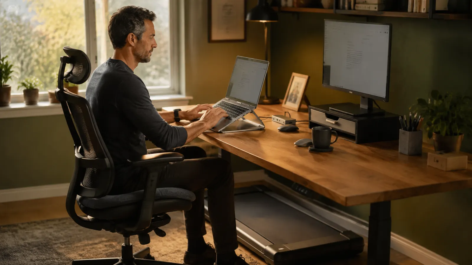 A practical home workstation in warm morning light, calm and grown-up
