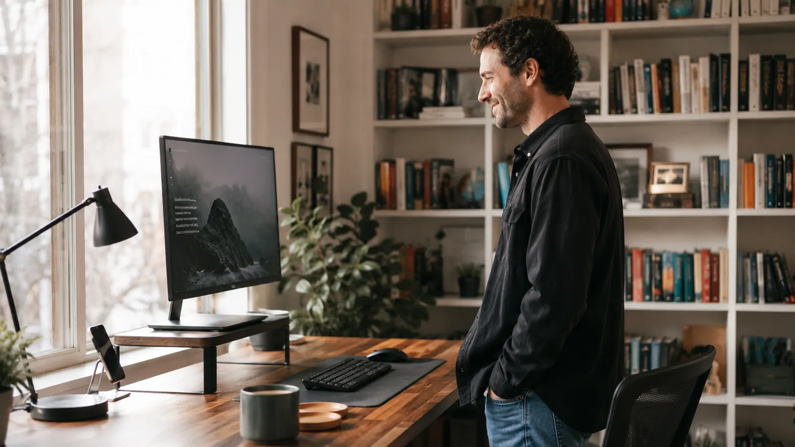 Person sitting at a clean home office desk, looking relaxed and focused at their monitor