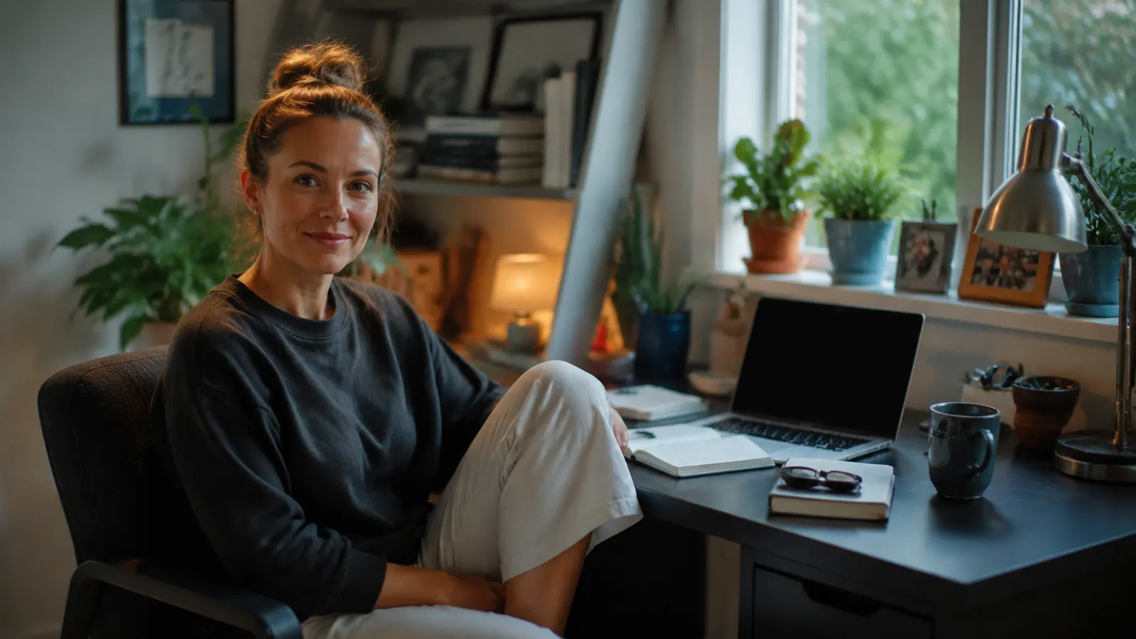 Person standing and stretching at a home office desk mid-afternoon, looking relaxed