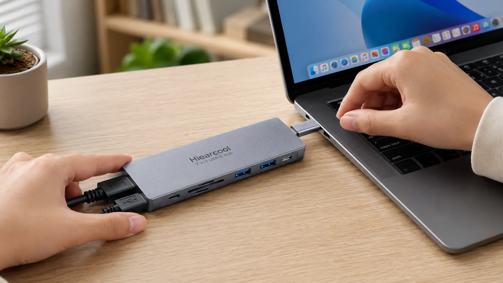 Hand plugging a USB-C hub into the side of a laptop, hub ports visible with HDMI cable connected