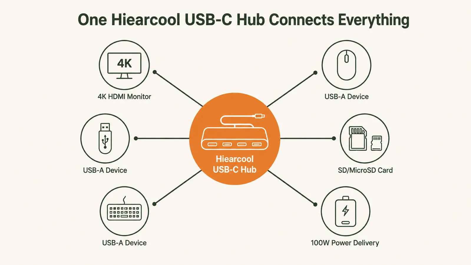 Diagram showing which hub port connects to which peripheral: HDMI to monitor, USB-A to keyboard and mouse, SD slot to camera card, USB-C PD to charger