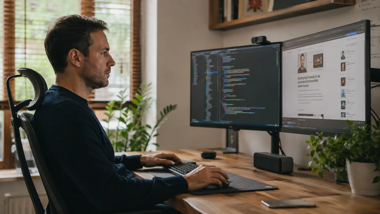 Person sitting at a home office desk using a laptop in clamshell mode with a large external monitor, keyboard, and mouse all connected through a hub