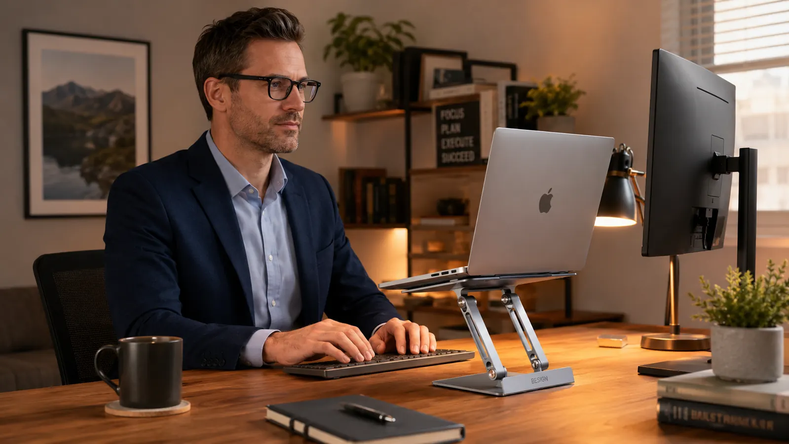Close-up of a person's hands typing on an external keyboard placed at desk level while a laptop screen sits elevated on an aluminum stand in the background