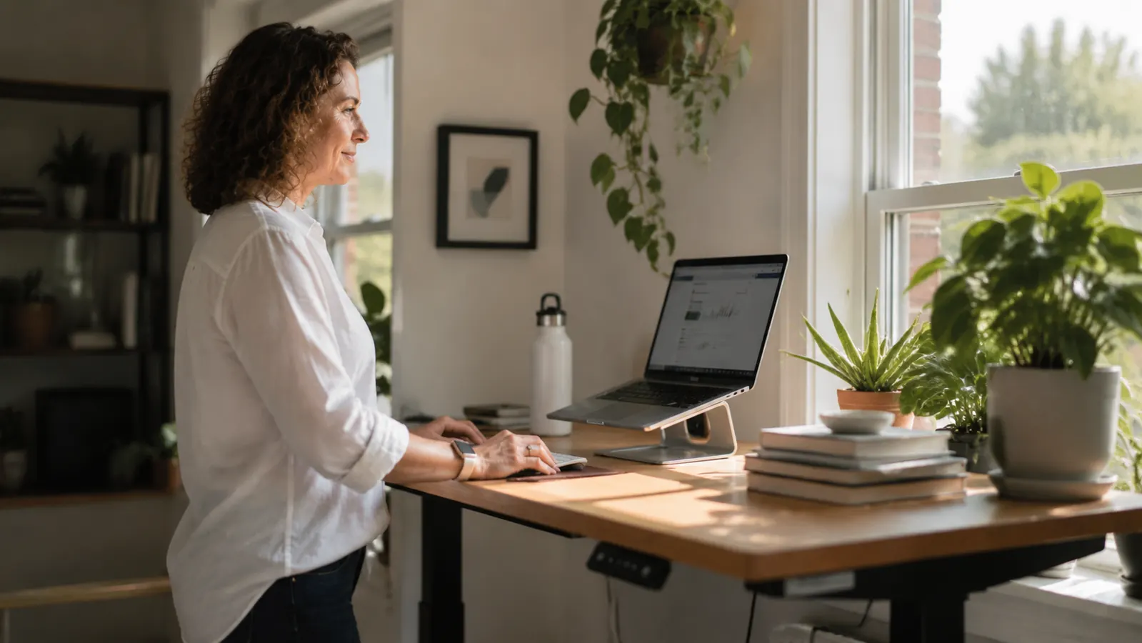 Person doing a standing stretch beside their home office desk during a short midday break