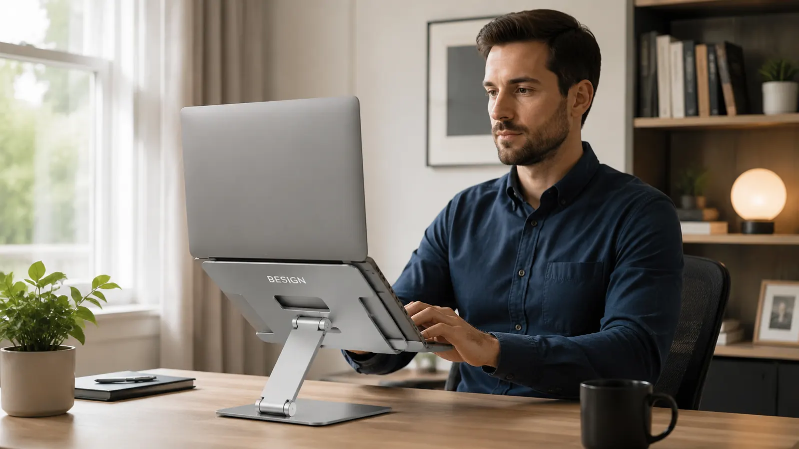 Close-up of the BESIGN LS03 aluminum laptop stand supporting a MacBook, showing the angled riser and rubber padding