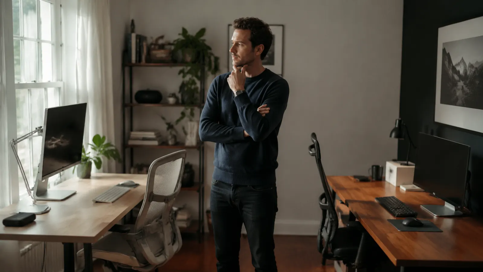 Person sitting at a home office desk with a laptop raised on a stand, working with an external keyboard and mouse at a comfortable eye-level angle