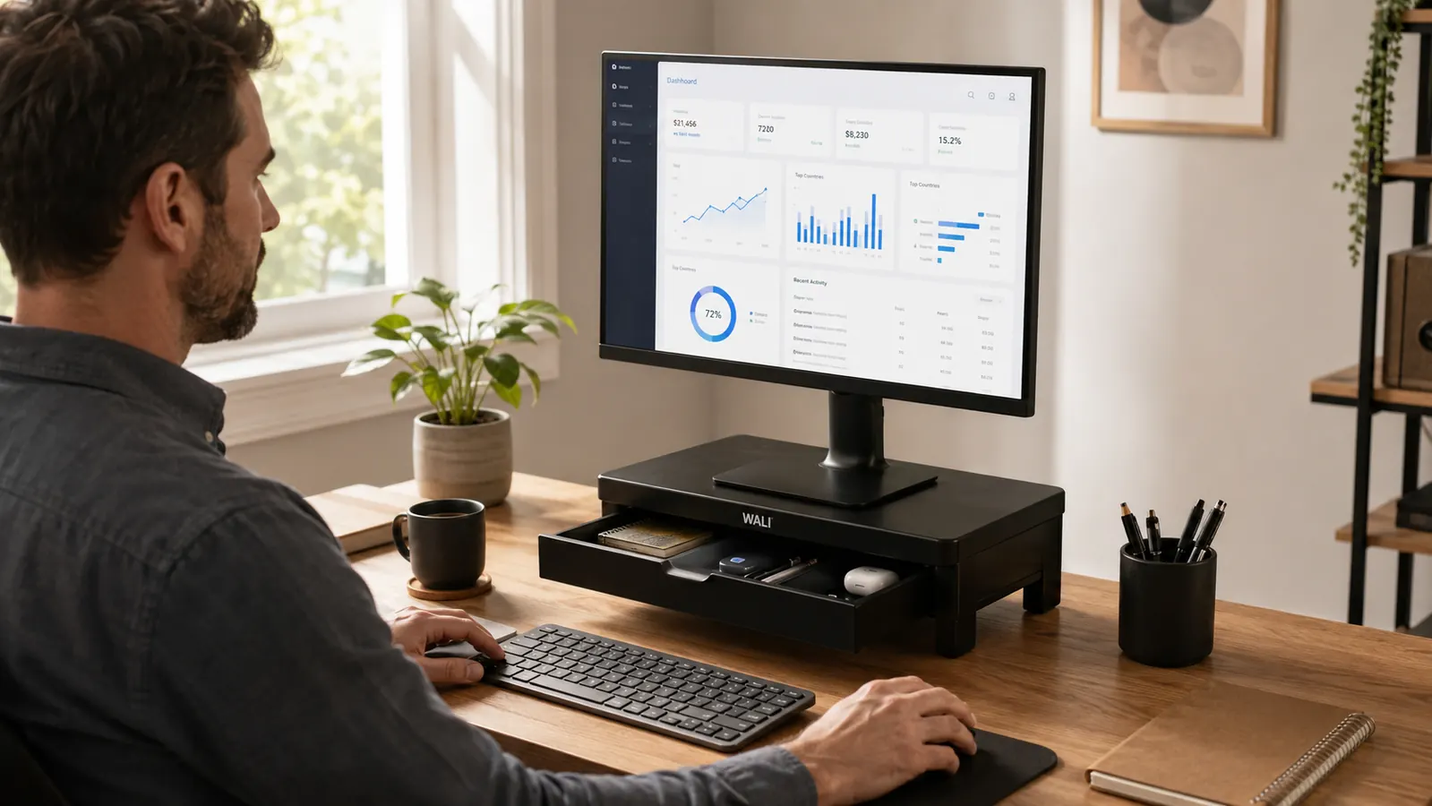 WALI monitor stand riser with drawer and two pen holders on a wooden desk surface