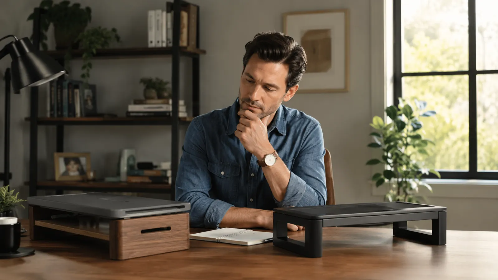 Organized home office desk with monitor raised to eye level, keyboard and mouse stored neatly below, and a drawer visible in the stand