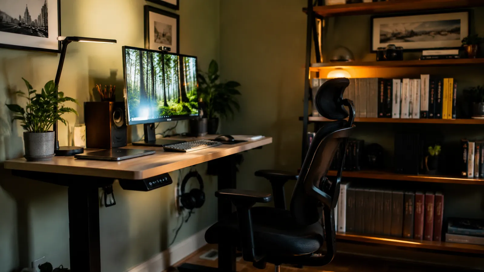 Person reviewing fitness tracker data on wrist while walking on an under-desk treadmill in a home office