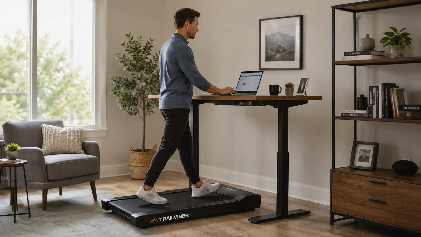 Person standing at a desk using the TRAILVIBER walking pad, sneakers visible, control panel lit up, light wood floor setting