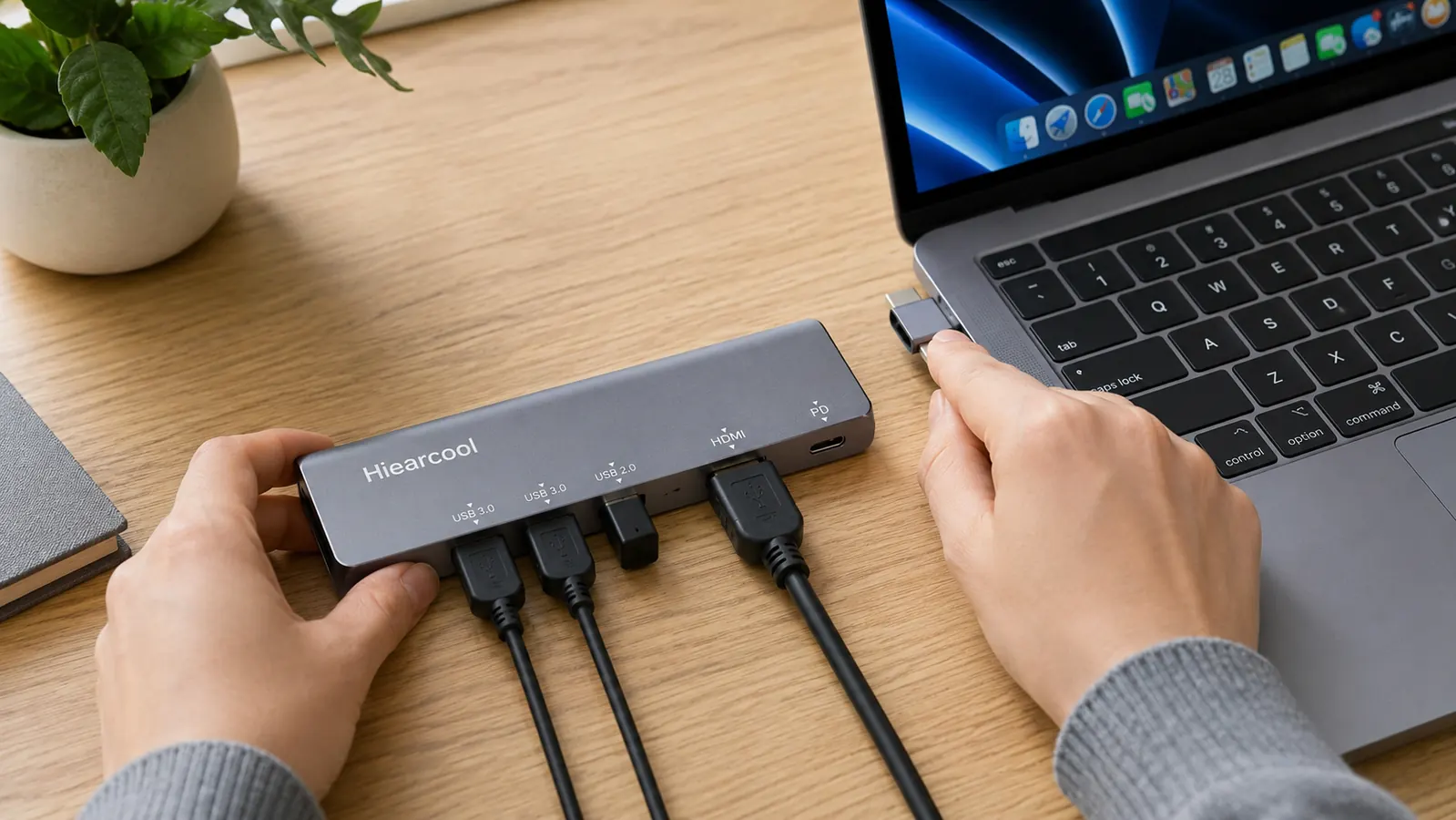 Hiearcool USB-C hub with 7 ports including HDMI, USB-A, and SD card reader visible, connected to a silver laptop