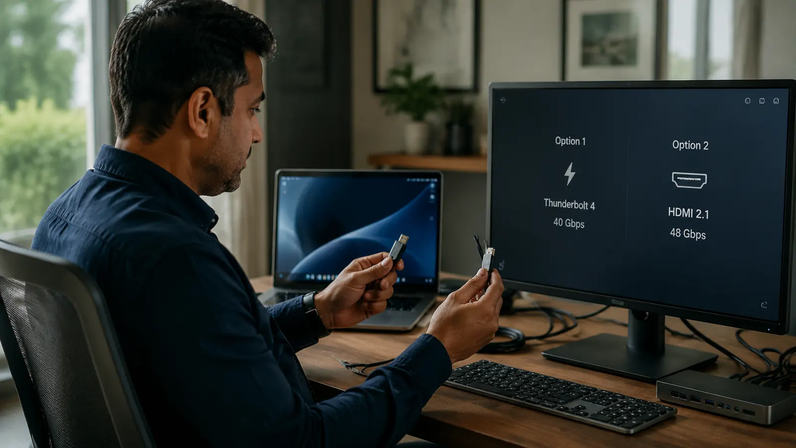 Side-by-side size comparison of a compact USB-C hub next to a large desktop docking station with multiple ports