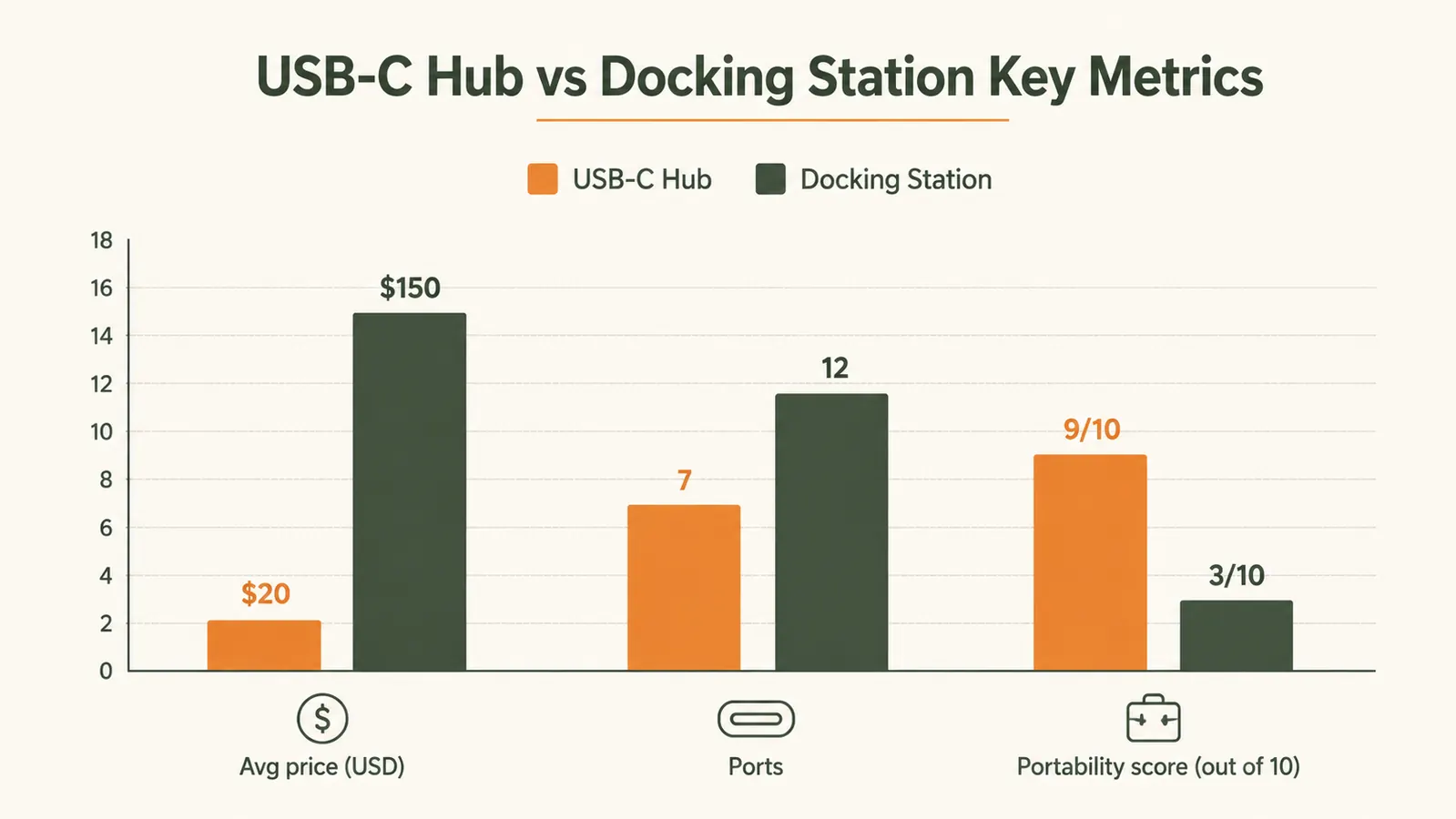 Chart comparing USB-C hub vs docking station across price, ports, portability, and use case
