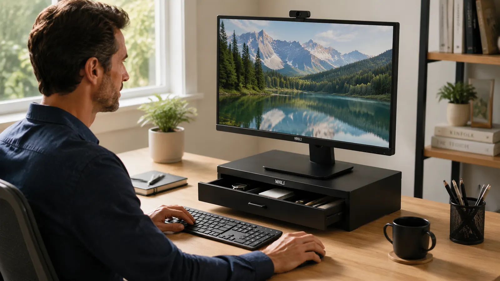 Hand opening the drawer of the WALI monitor stand riser on a home office desk, small items like a pen and USB drive visible inside