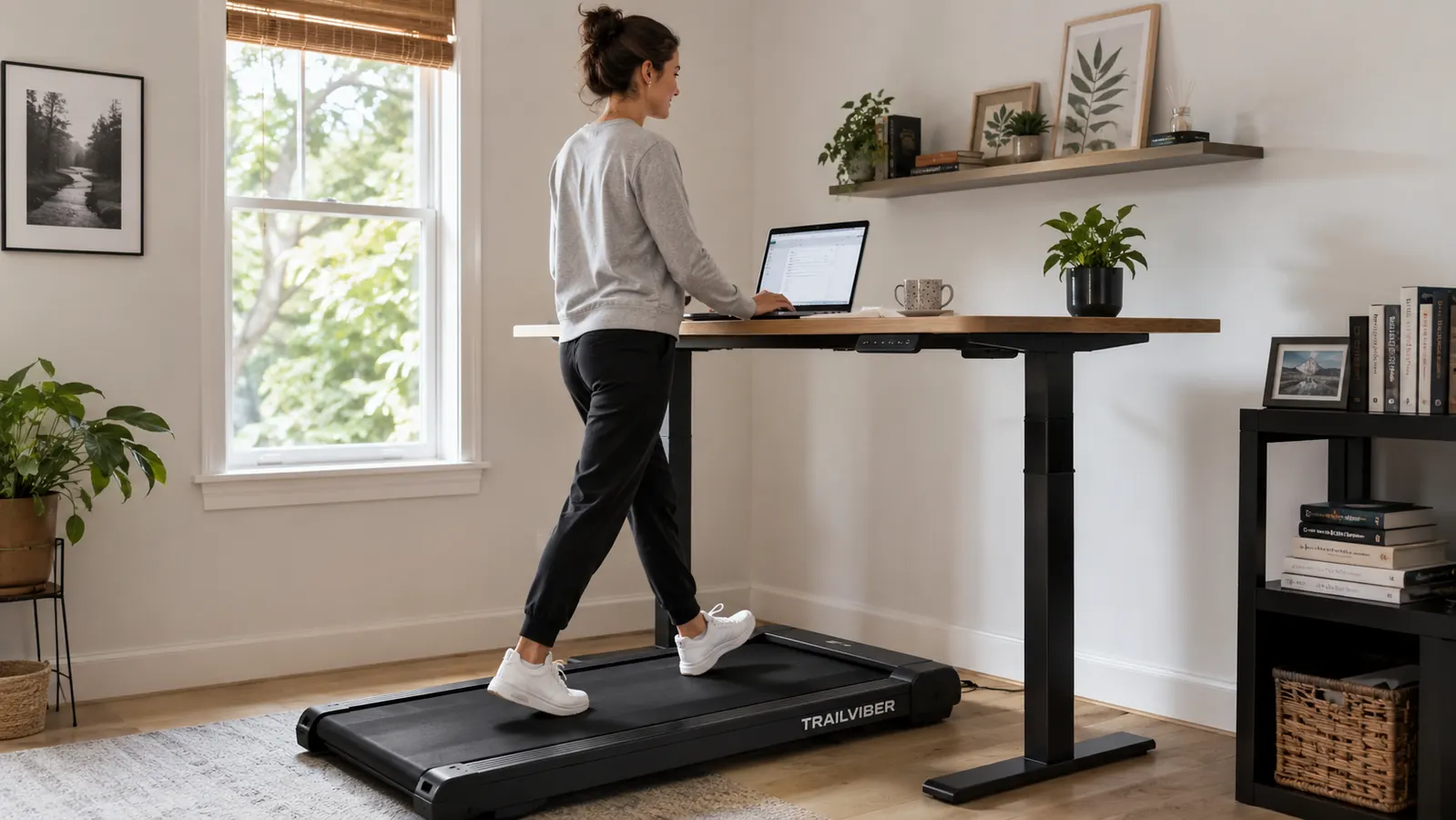 Person walking slowly on a walking pad treadmill while typing on a laptop at a standing desk