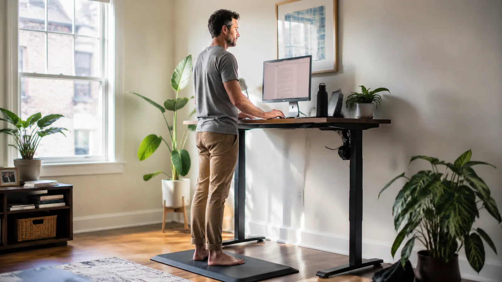 Person standing on an anti-fatigue mat at a standing desk with shoes off, looking tired